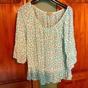 Democracy 100% Rayon blouse, More like turquoise and orange in it